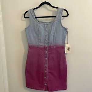 Jordache Vintage Button Front Sleeveless Denim Festival Concert Dress Pink Ombre